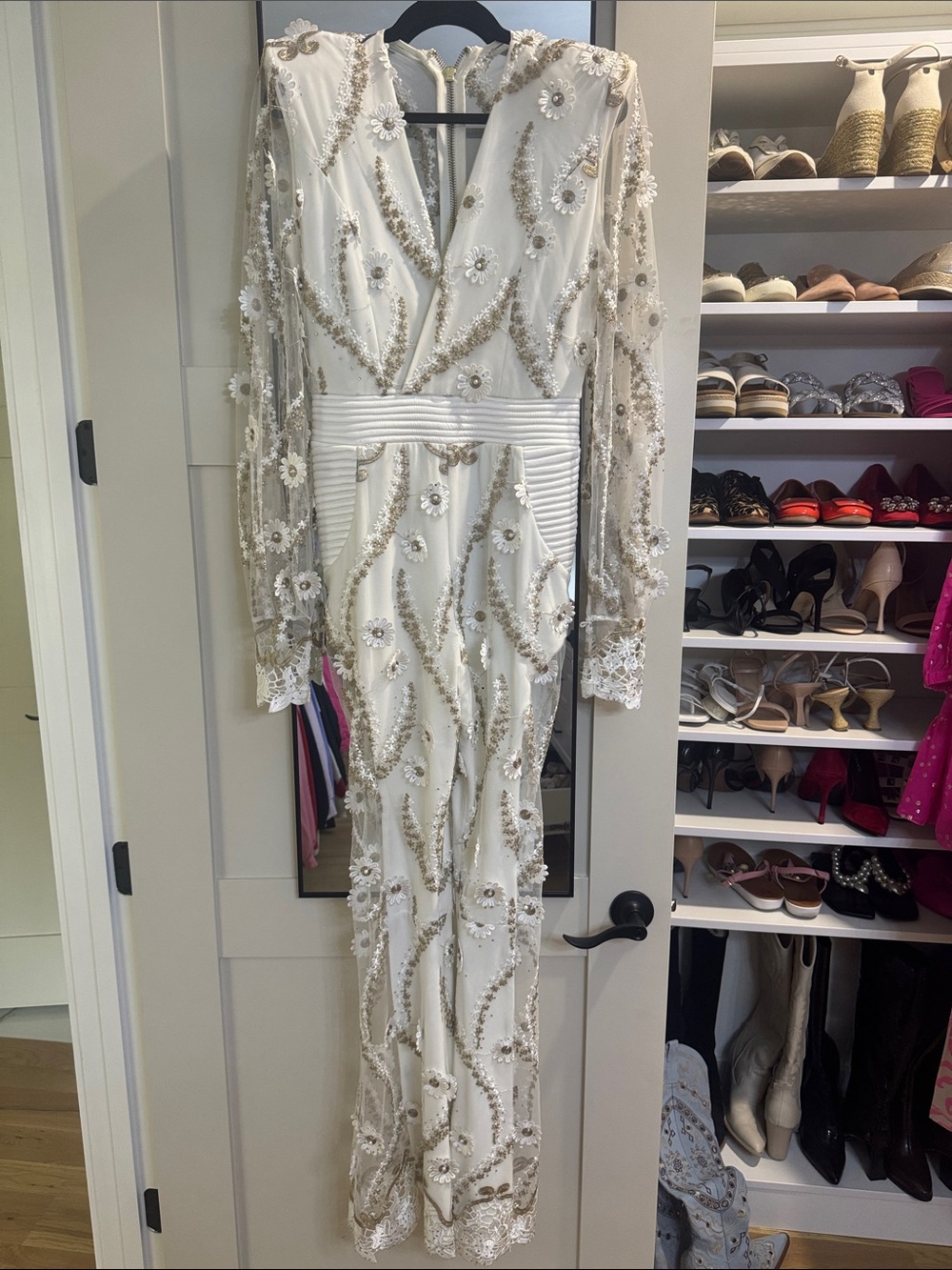 Zhivago Ivory Beaded Jumpsuit with Gold Accents